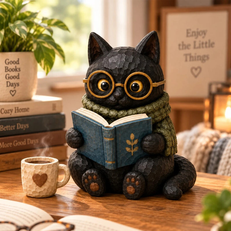 Reading Cat Figurine