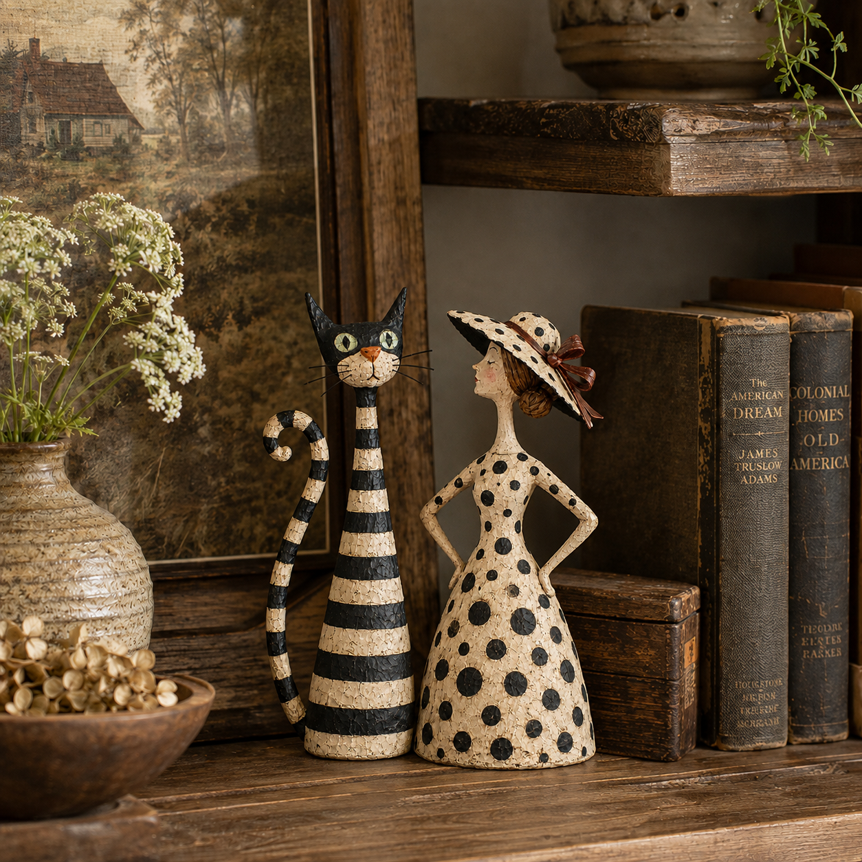 🐱🎨 Vintage Cat & Lady Sculpture Set — distressed charm for cosy corners