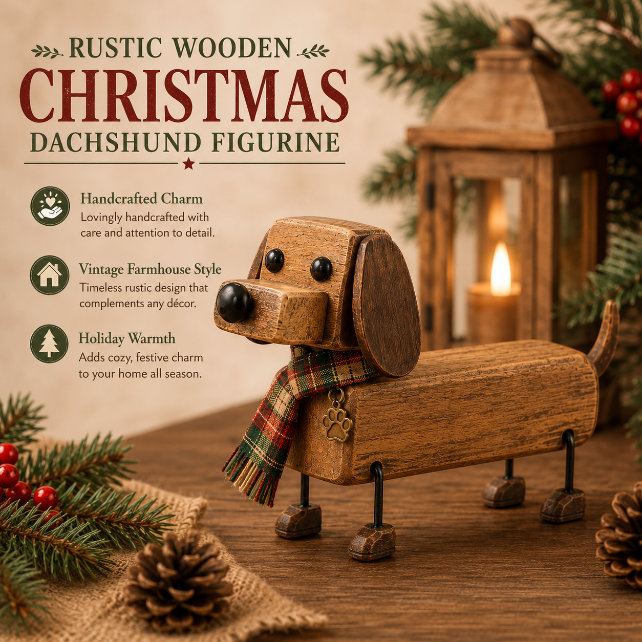 ✨Rustic Wooden Christmas Dachshund Figurine