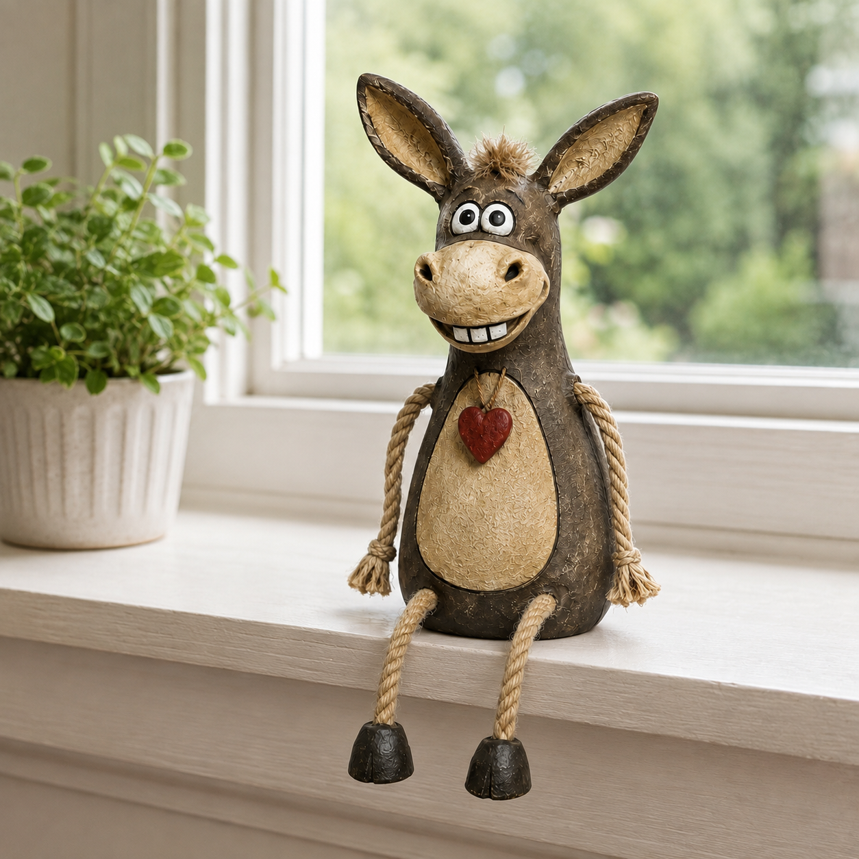 Rustic figurine of a donkey on a plank with rope legs hanging down