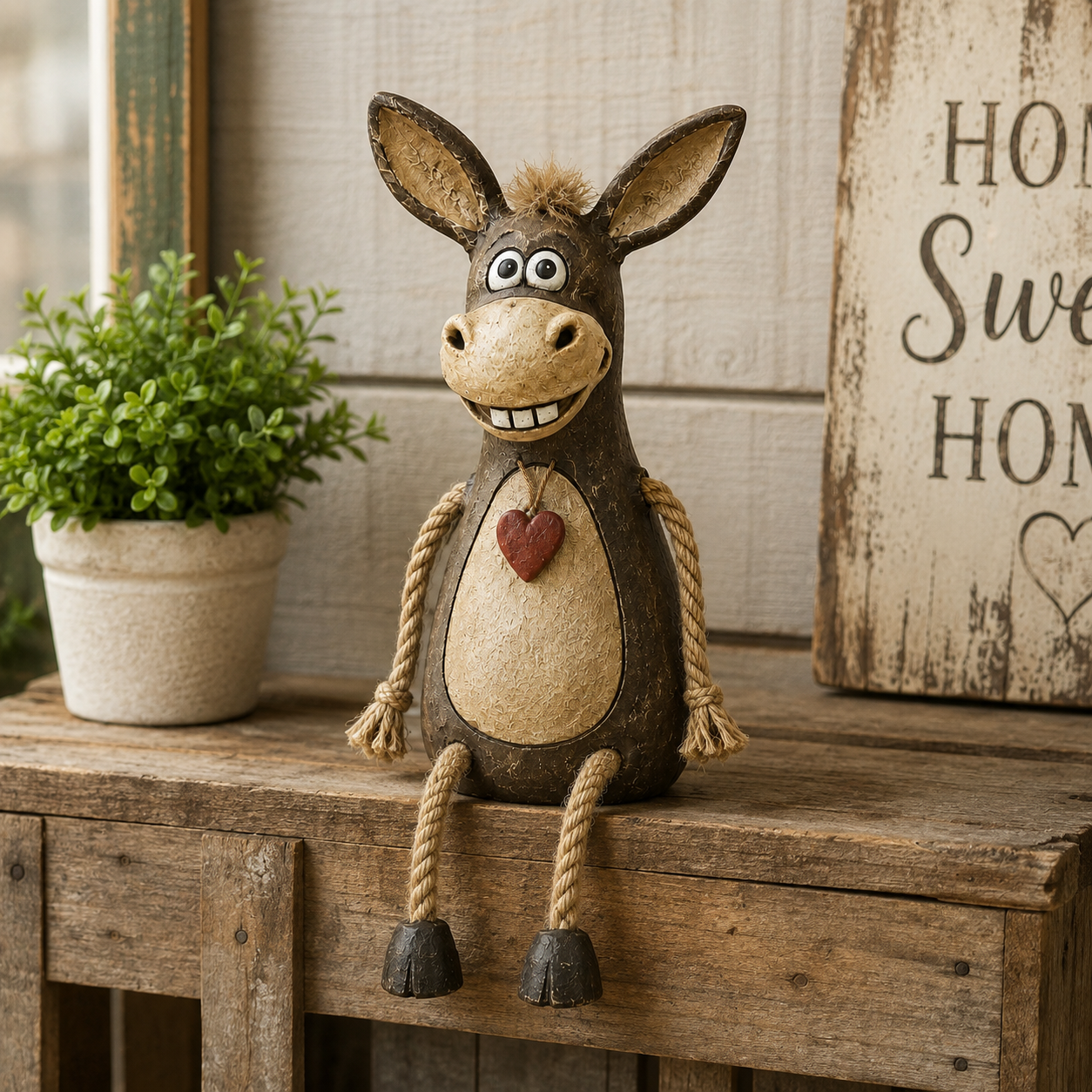 Rustic figurine of a donkey on a plank with rope legs hanging down