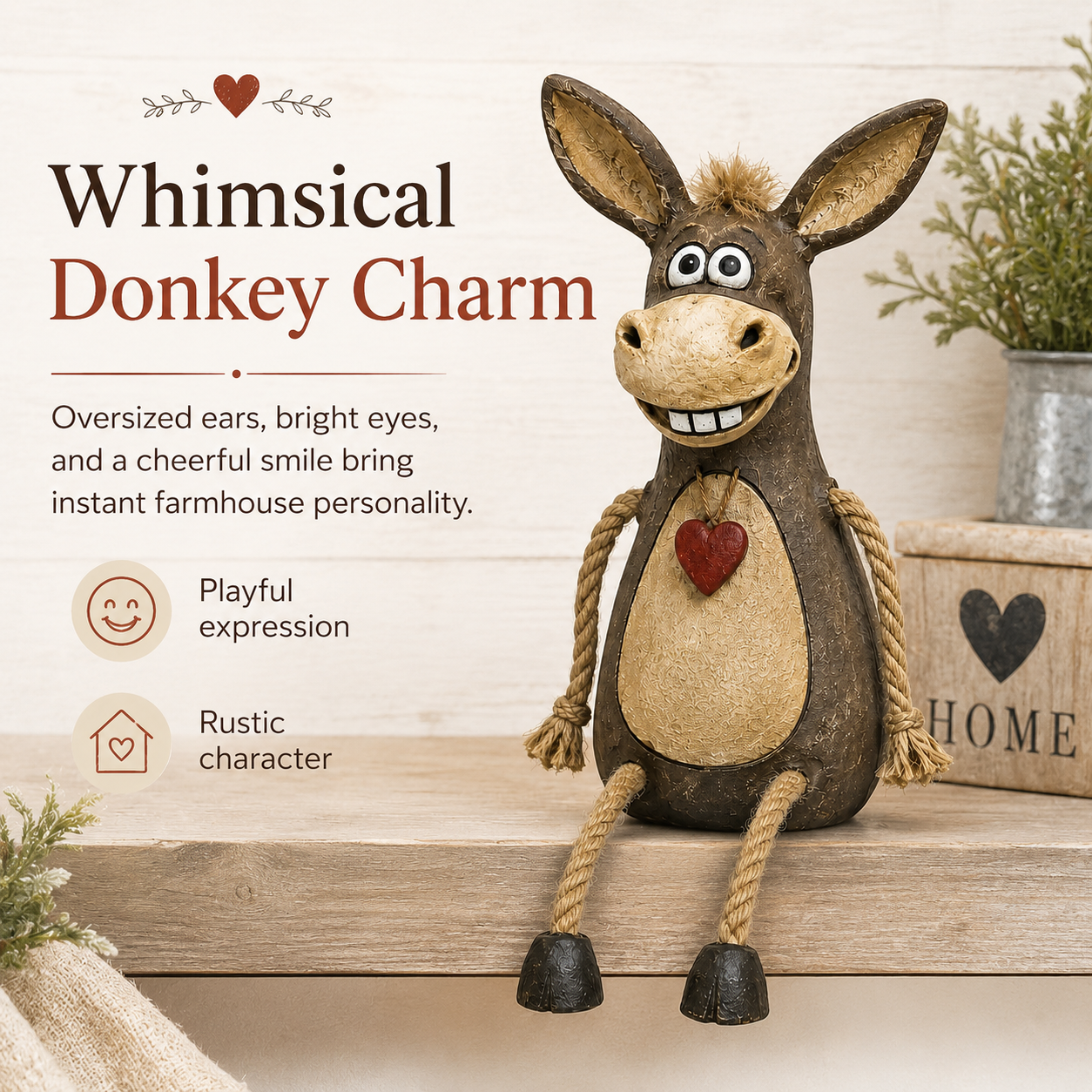 Rustic figurine of a donkey on a plank with rope legs hanging down