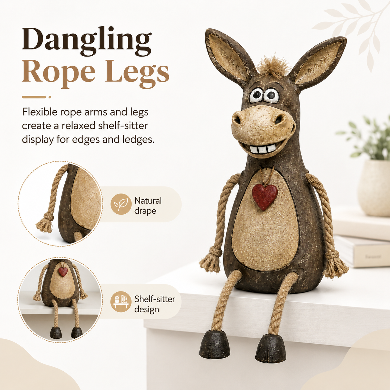 Rustic figurine of a donkey on a plank with rope legs hanging down