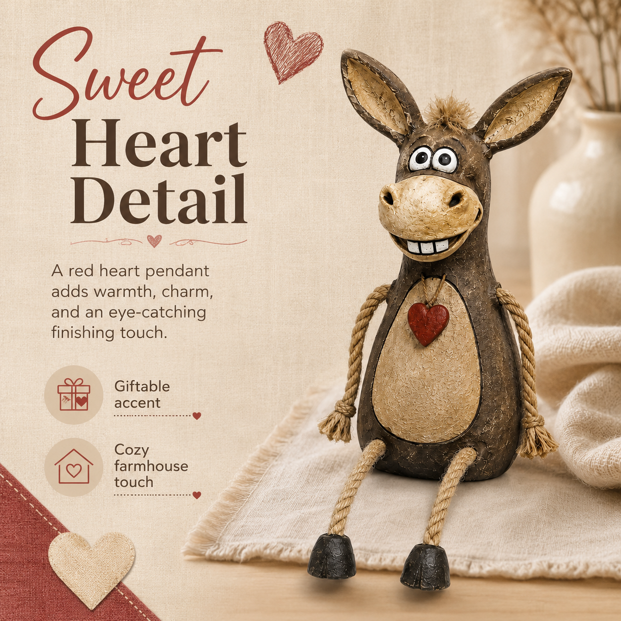 Rustic figurine of a donkey on a plank with rope legs hanging down