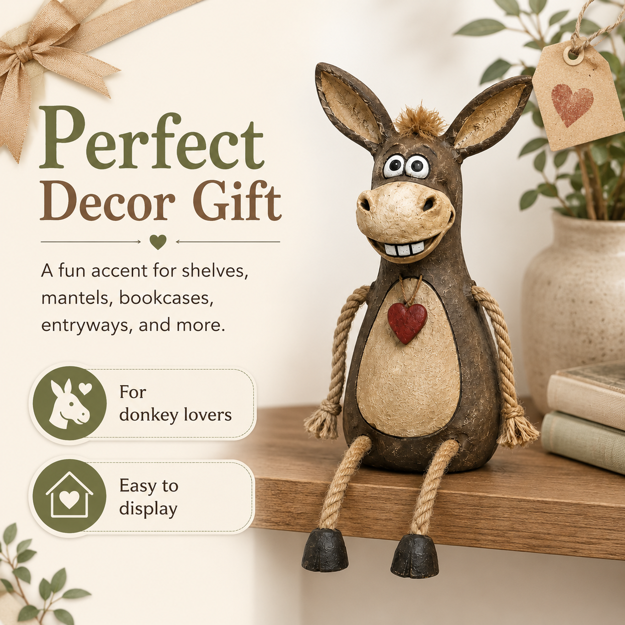 Rustic figurine of a donkey on a plank with rope legs hanging down