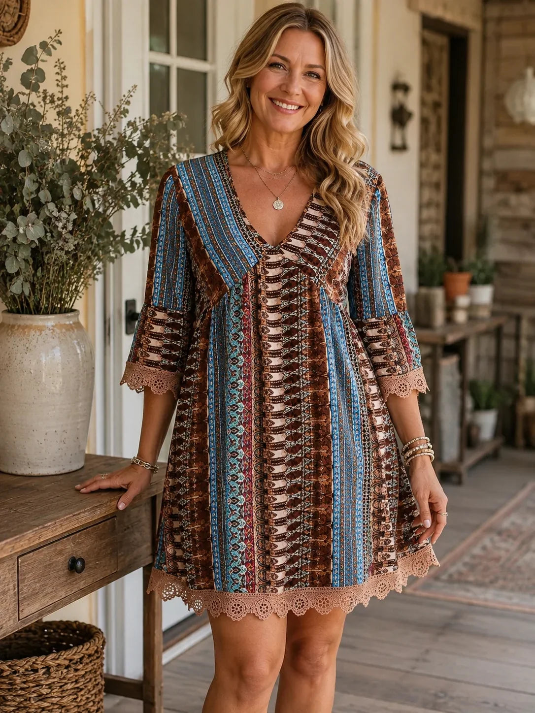 Vintage boho tunic dress with a V-neck
