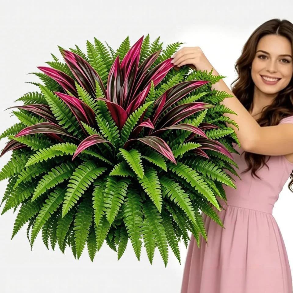 🌿 Lifelike Artificial Fern & Red Dracaena: UV-Resistant Outdoor Plant! ✨
