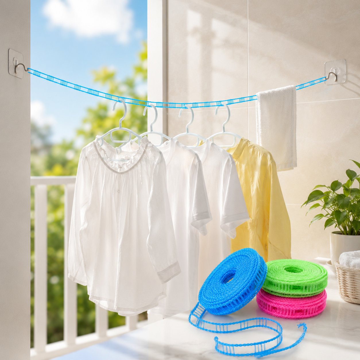 🔥Last Day 50% OFF - Adjustable Windproof Clothesline with Hooks - Portable Heavy Duty Travel Laundry Line for Outdoor, Backyard, Camping & Indoor Drying