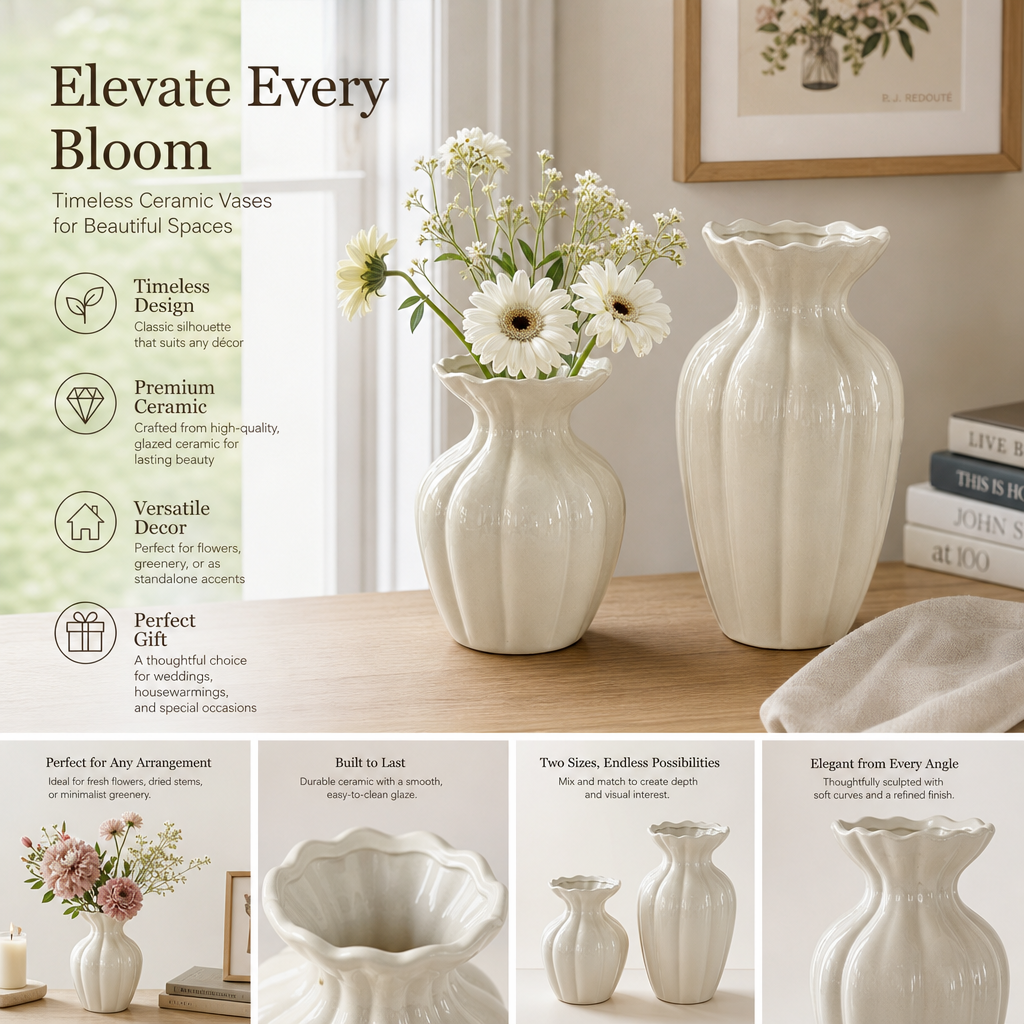 🤍 Luxury Cream-Style Ceramic Vase