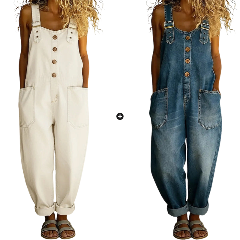 Loose-fitting denim dungarees for women with pockets