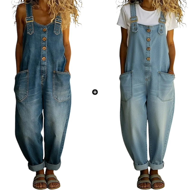 Loose-fitting denim dungarees for women with pockets