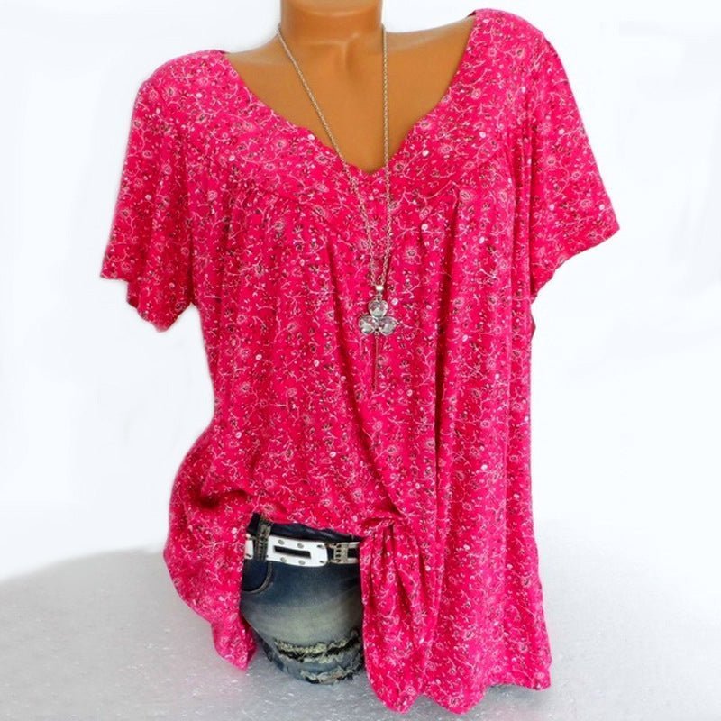🍃 Spring Fashion: V-Neck Printed Short-Sleeve Top