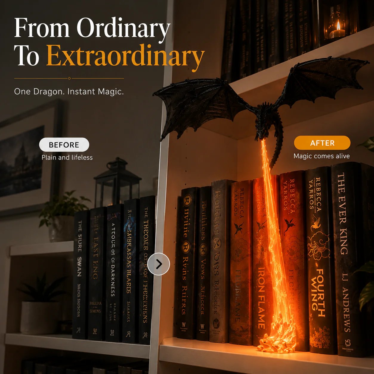 🐉 Vuurspuwende draak-boekenplankdecoratie-lamp + LED-vlamverlichtingsset