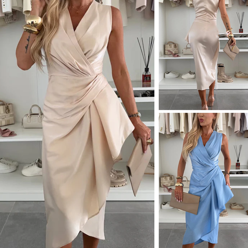 🔥Satin Midi Dress With V-neck And Ruffles And Irregular Ruffle Hem