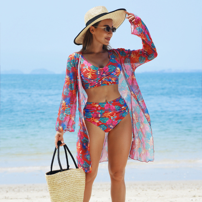 Fashionable, multi-coloured printed 3-piece bikini swimming costume set for women/Fashionable multi-colored printed 3-piece bikini swimsuit set for women