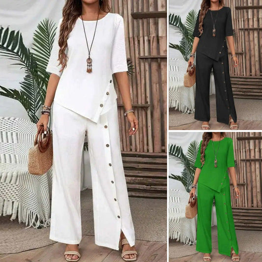 🌸Women's two-piece set consisting of a top with an asymmetric hem and wide-leg pants