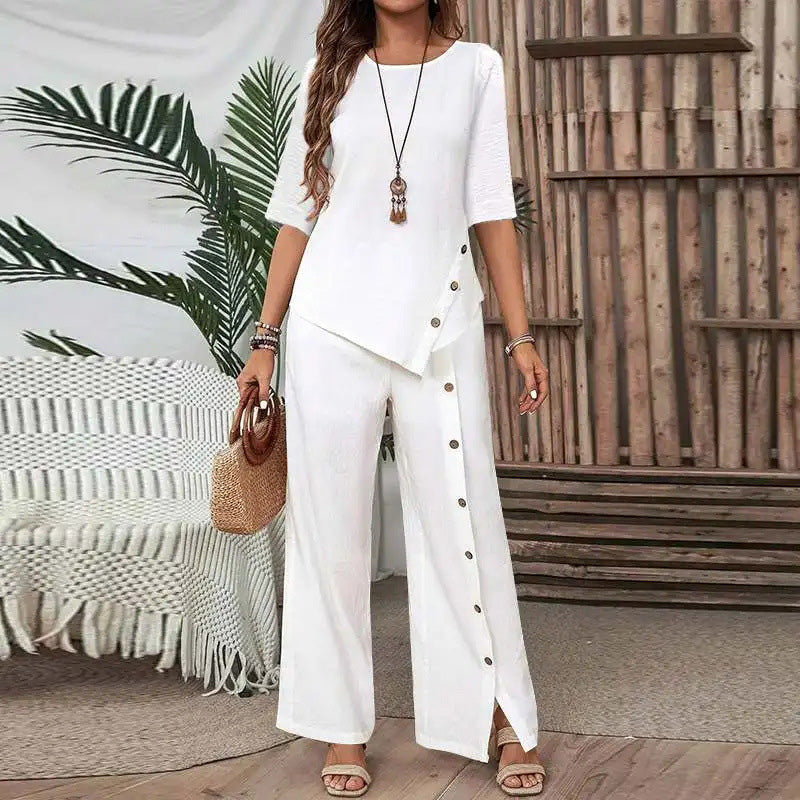 🌸Women's two-piece set consisting of a top with an asymmetric hem and wide-leg pants