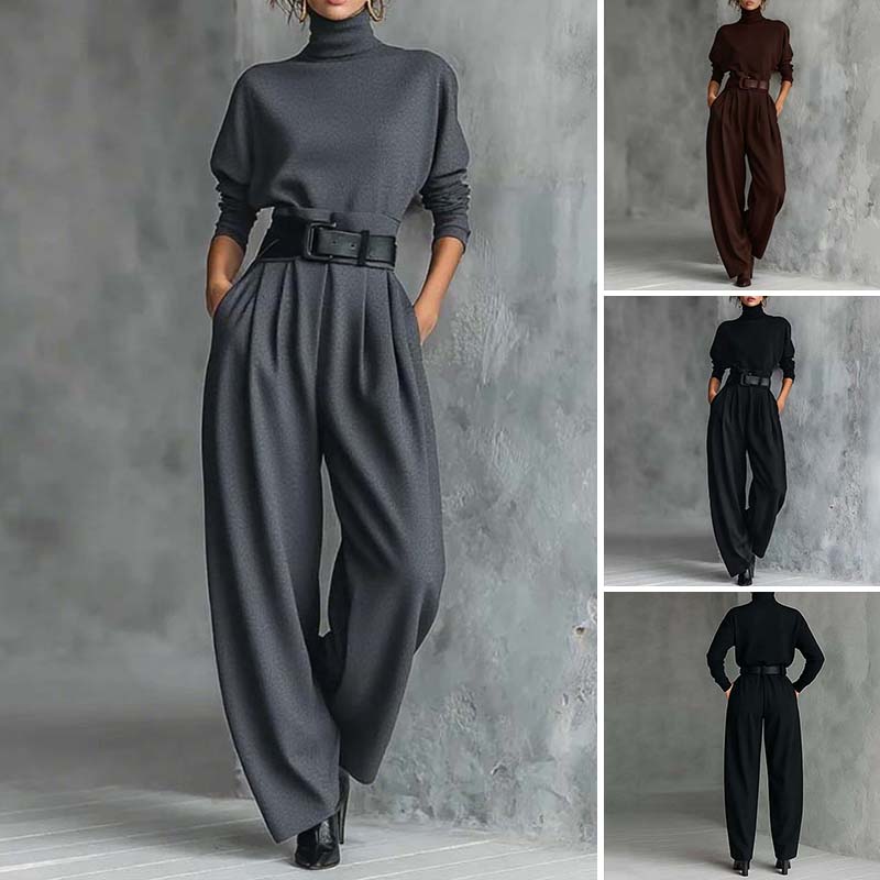 ⏳Limited-time special⏰Elegant women's set consisting of a turtleneck top and high-waisted pants (belt included)👚👖