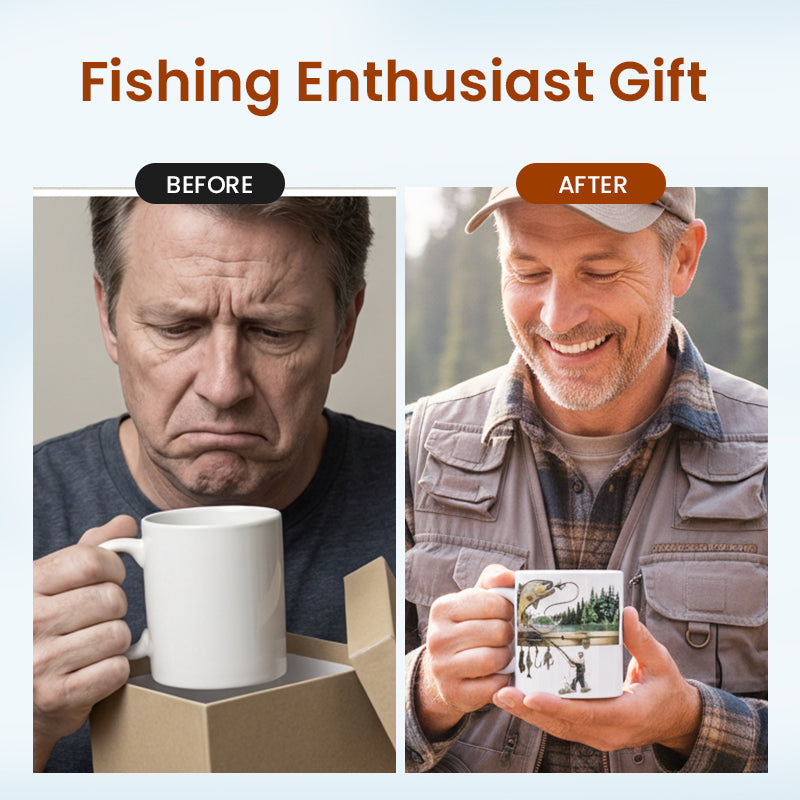 Ceramic coffee mug with fishing theme