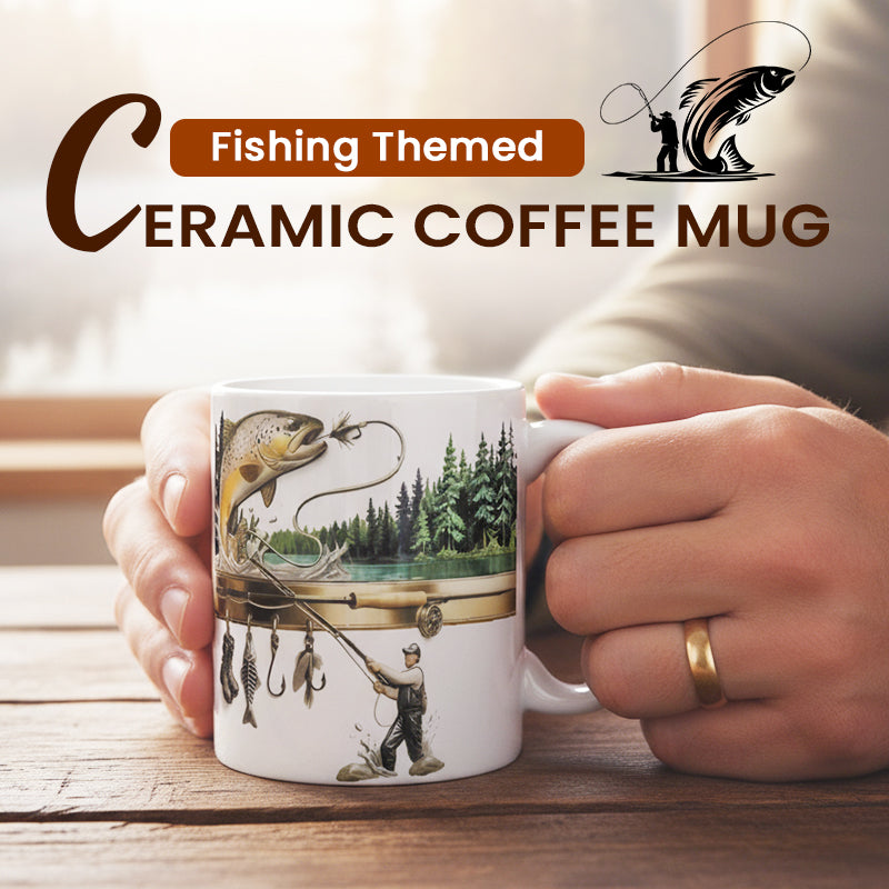Ceramic coffee mug with fishing theme