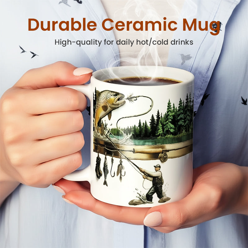 Ceramic coffee mug with fishing theme