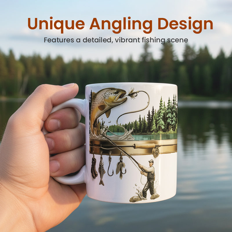 Ceramic coffee mug with fishing theme