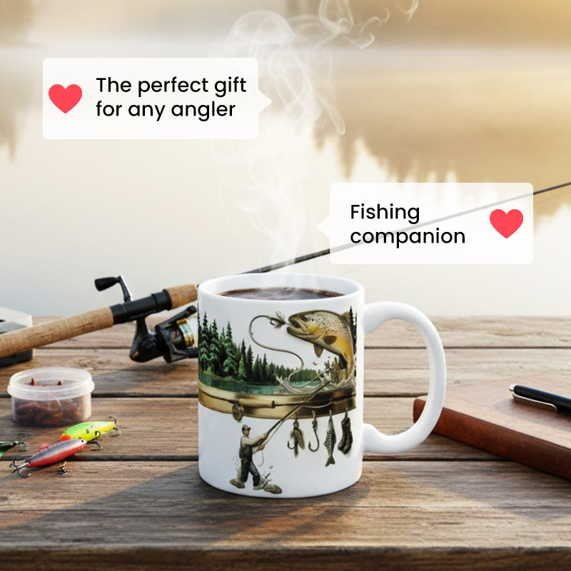 Ceramic coffee mug with fishing theme