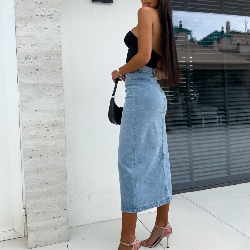 Stylish Button Closure Split Denim Bodycon Skirt