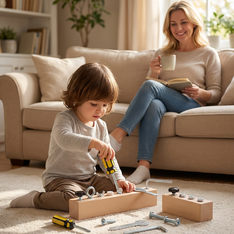 Montessori wooden toy with screw board