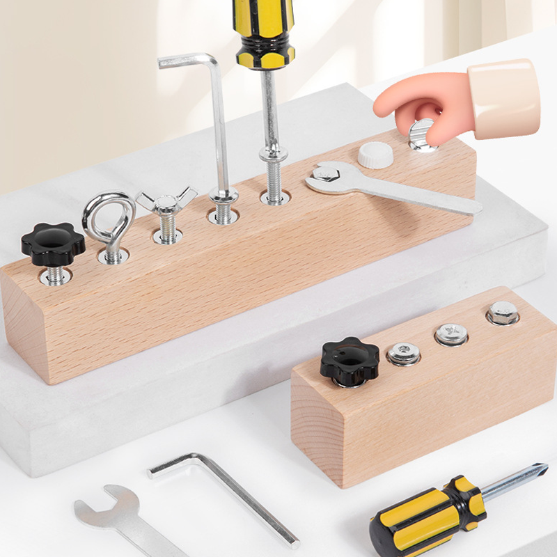 Montessori wooden toy with screw board