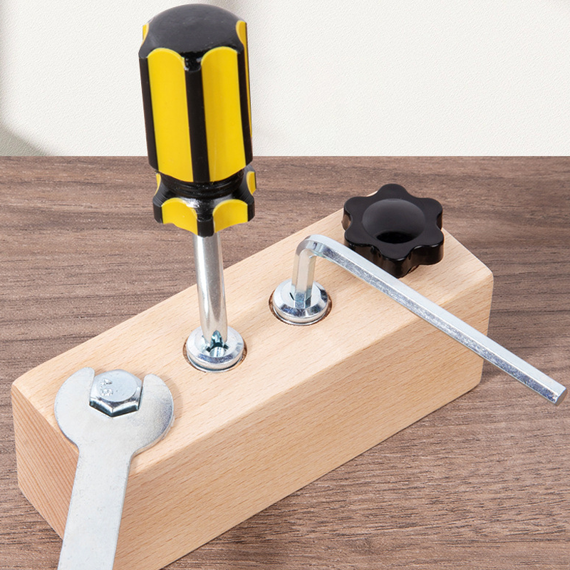 Montessori wooden toy with screw board