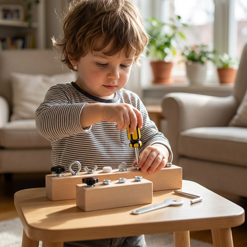 Montessori wooden toy with screw board