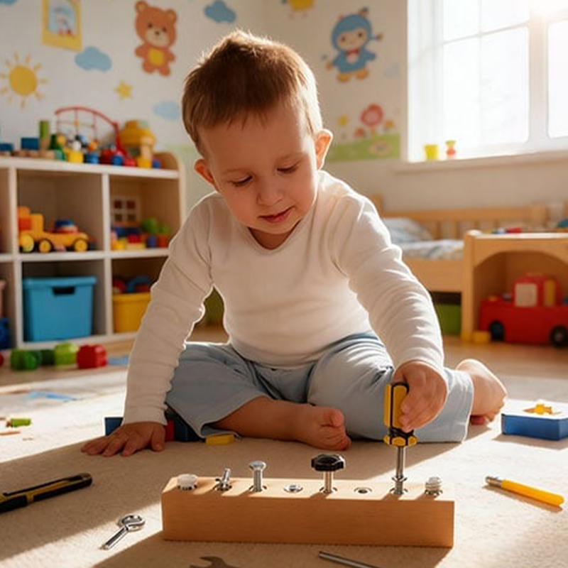 Montessori wooden toy with screw board