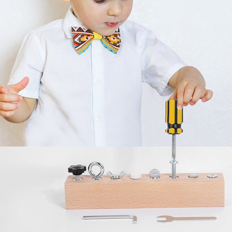 Montessori wooden toy with screw board