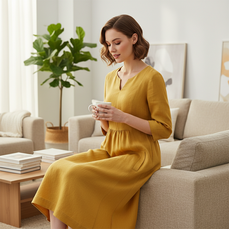 Casual V-Neck Dress Made Of Cotton And Linen – 3/4 Sleeves, With Side Zipper 👗