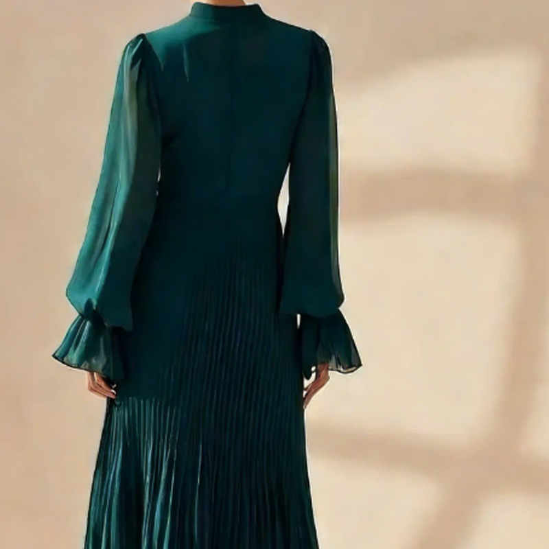 Women's Pleated Midi Dress With Ruffles And Keyhole Neckline