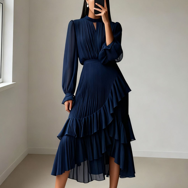 Women's Pleated Midi Dress With Ruffles And Keyhole Neckline