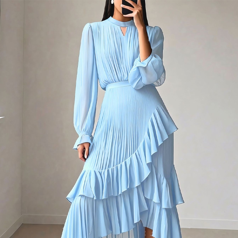 Women's Pleated Midi Dress With Ruffles And Keyhole Neckline