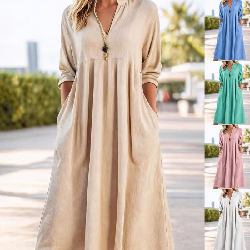 Cotton-Linen V-Neck 3/4-Sleeve Dress