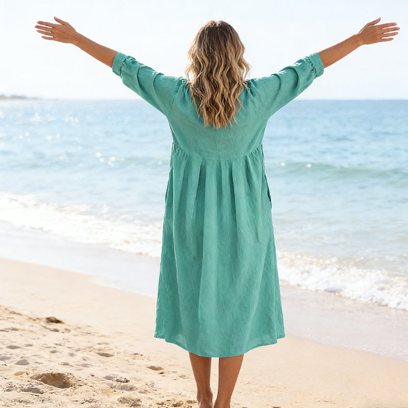 Cotton-Linen V-Neck 3/4-Sleeve Dress