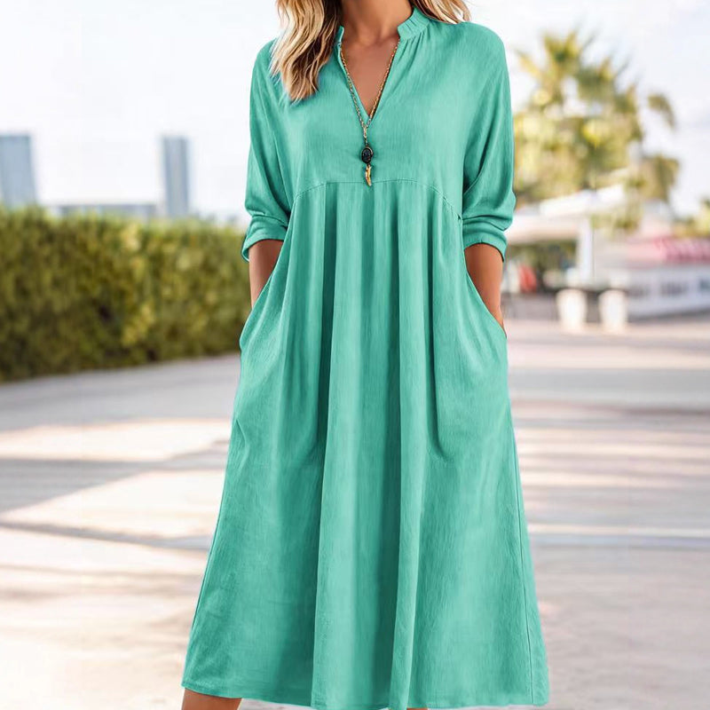 Cotton-Linen V-Neck 3/4-Sleeve Dress