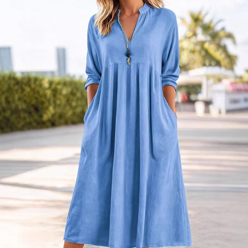 Cotton-Linen V-Neck 3/4-Sleeve Dress
