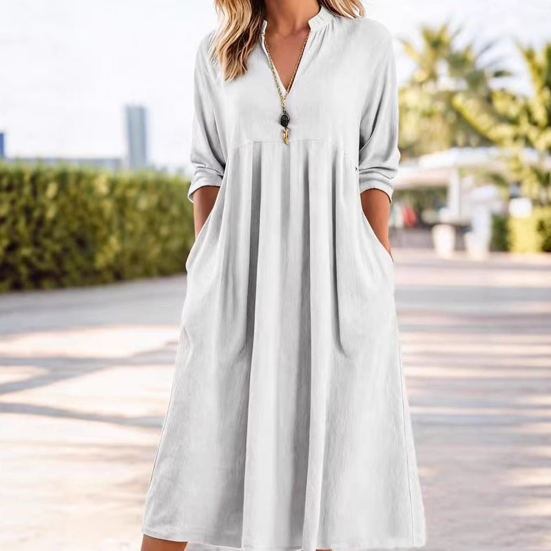 Cotton-Linen V-Neck 3/4-Sleeve Dress