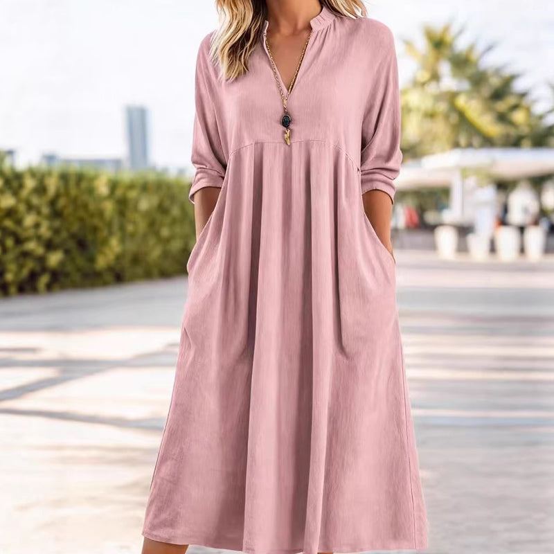 Cotton-Linen V-Neck 3/4-Sleeve Dress