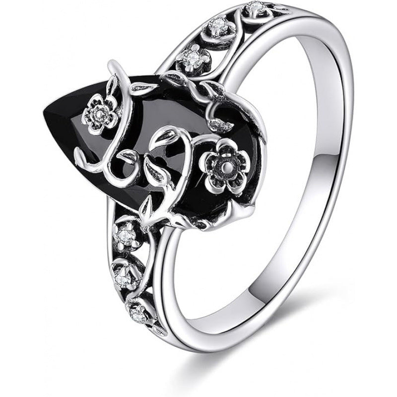 💎 BOHEMIAN VINTAGE RING! 💎 Floral Vine Design, Black Teardrop Gem & Sparkling Accents for Timeless Elegance✨