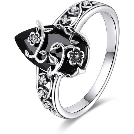 💎 BOHEMIAN VINTAGE RING! 💎 Floral Vine Design, Black Teardrop Gem & Sparkling Accents for Timeless Elegance✨