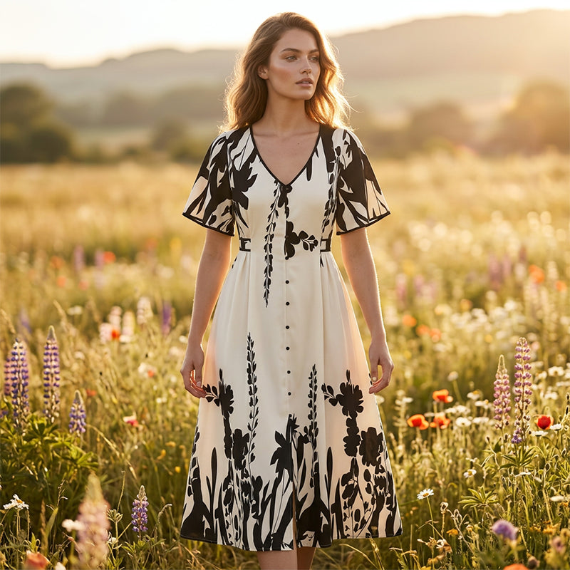 💎 BOTANICAL MIDI DRESS! 💎 Elegant V-Neck, A-Line Silhouette & Chic Flutter Sleeves for Timeless Style 👗🌿