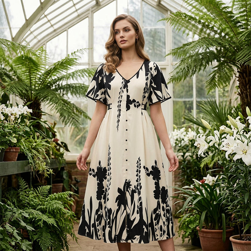 💎 BOTANICAL MIDI DRESS! 💎 Elegant V-Neck, A-Line Silhouette & Chic Flutter Sleeves for Timeless Style 👗🌿
