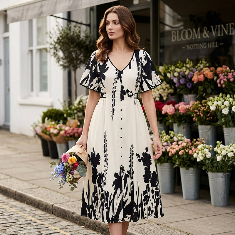 💎 BOTANICAL MIDI DRESS! 💎 Elegant V-Neck, A-Line Silhouette & Chic Flutter Sleeves for Timeless Style 👗🌿