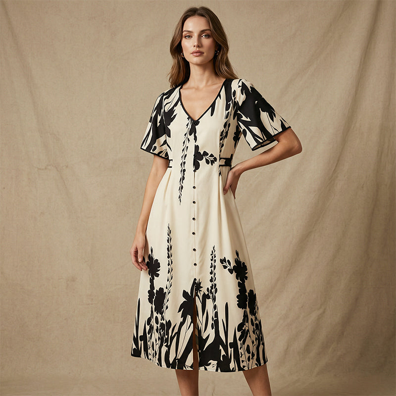 💎 BOTANICAL MIDI DRESS! 💎 Elegant V-Neck, A-Line Silhouette & Chic Flutter Sleeves for Timeless Style 👗🌿